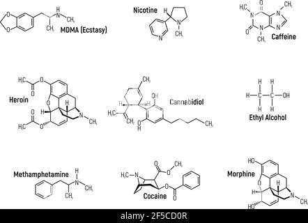 Set of concept 9 narcotic chemical formula icon label, text font vector illustration, isolated on white. Periodic element table, addictive drug stuff. Stock Vector