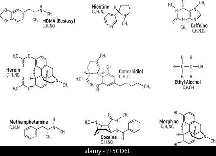 Set of concept 9 narcotic chemical formula icon label, text font vector illustration, isolated on white. Periodic element table, addictive drug stuff. Stock Vector