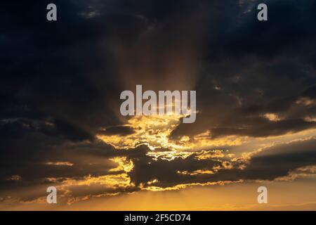 Dramatic sunset like fire in the sky with golden clouds in Gdansk ...