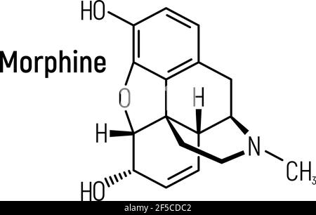 Morphine concept chemical formula icon label, text font vector illustration, isolated on white. Periodic element table, addictive drug stuff. Stock Vector