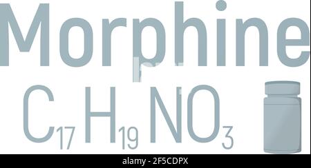 Morphine concept chemical formula icon label, text font vector illustration, isolated on white. Periodic element table, addictive drug stuff. Stock Vector