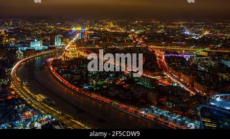 Night Moscow top view panorama from the observation deck in the business center on February 07, 2019. The central part of the city from a bird's-eye v Stock Photo