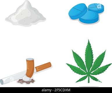 Concept cocaine, heroin powder, marijuana cannabis leaf, cigarette addictive stuff drug vector illustration, isolated on white. Stock Vector