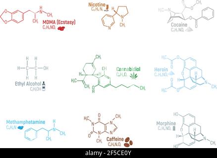 Set of concept 9 narcotic chemical formula icon label, text font vector illustration, isolated on white. Periodic element table, addictive drug stuff. Stock Vector