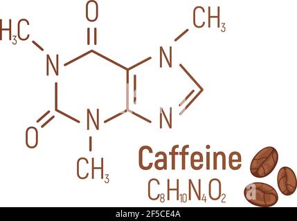 Caffeine concept chemical formula icon label, text font vector illustration, isolated on white. Periodic element table, addictive drink stuff. Stock Vector