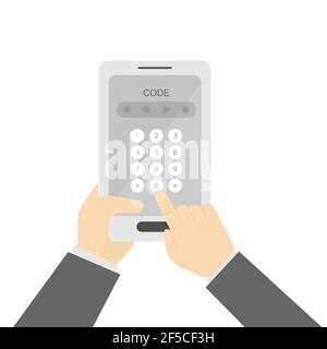 Enter numbers on the virtual numeric keypad of your smartphone or tablet. A man's hand touches the numbers on the virtual keyboard. Flat design. Stock Vector