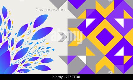 Blue leaves elements composition and geometric postcard design vector illustration. Stock Vector