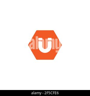 White horseshoe magnet in red hexagon icon isolated on white. u-shaped magnet icon. Magnetism, magnetize, attraction concept. Vector illustration Stock Vector