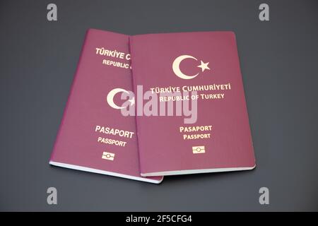 Turkish Travel Passport on Black Background, Selective Focus. Stock Photo