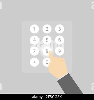 Enter numbers on the virtual numeric keypad. A man's hand touches the numbers on the virtual keyboard. Flat design. Stock Vector