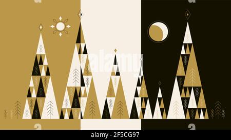 Collection of hand drawn trees on brown, white, black cartoon background vector illustration. Stock Vector