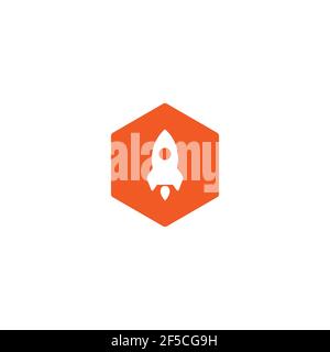 red rocket ship with fire in red hexagon. Isolated on white. Flat icon. Vector illustration with flying rocket. Space travel. Project start up sign. C Stock Vector