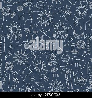 Vector seamless astrological pattern with planets and constellations. Stock Vector