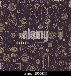 Vector seamless astrological pattern with planets and constellations. Stock Vector