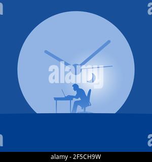 businessman using laptop computer in the clock background illustration vector. Stock Vector