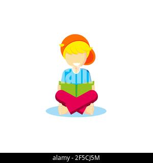 Vector boy barefoot hair blond sits cross-legged open book in hand looks smiles laughs joy child childhood student leisure toy kindergarten toddler Stock Photo