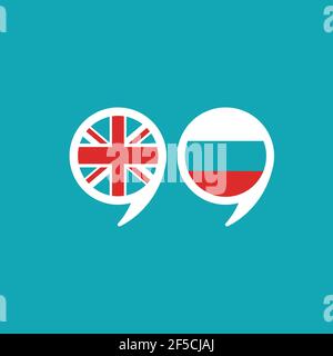chat speech bubbles with english and russian flags isolated on blue background. Vector flat icon. communication, education picture. Learn, study langu Stock Vector