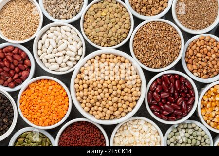 Several full grain containers. Flat Lay. Stock Photo