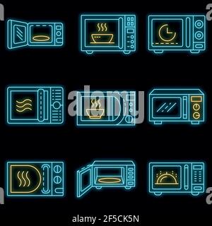 Microwave icons set. Outline set of microwave vector icons neon color on black Stock Vector