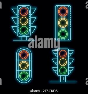 Traffic lights icons set. Outline set of traffic lights vector icons neon color on black Stock Vector