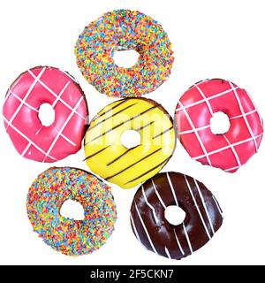 Set of chocolate and pink strawberry glazed donuts top view isolated on white background Stock Photo