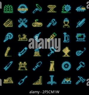 Carpenter icons set. Outline set of carpenter vector icons neon color on black Stock Vector