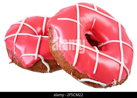 Two strawberry donut covered with pink icing Isolated on white background Stock Photo