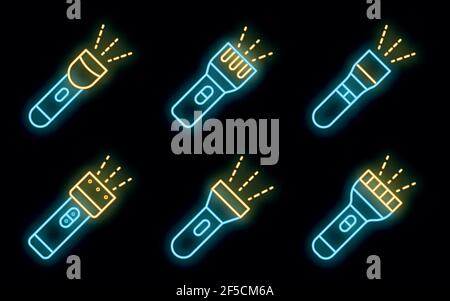 Flashlight icons set. Outline set of flashlight vector icons neon color on black Stock Vector