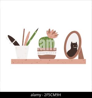 Cozy wooden bookshelf with stationery, cactus in flowerpot and frame in Scandinavian style. Single wall shelf with various décor in hand drawn flat st Stock Vector