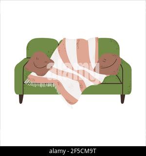 Single green sofa with pillows and plaid hand drawn illustration in Scandinavian style. Vector clip art of couch with cushion and rug isolated on whit Stock Vector