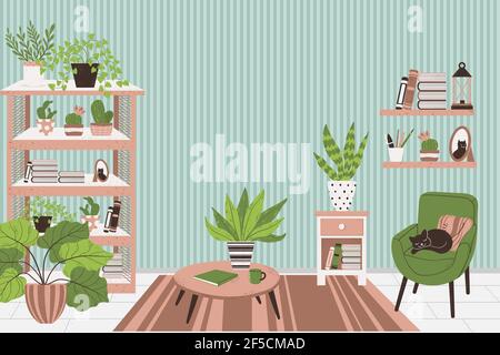 Cozy interior of living room in Scandinavian style. Horizontal banner. Concept stay at home. Vector background with place for text. Design of a cozy r Stock Vector