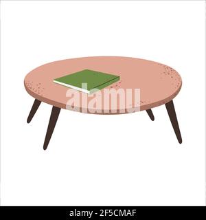Cute low round coffee table in Scandinavian style. Single cozy wooden desk with book in cartoon flat design. Living room furniture isolated on white b Stock Vector
