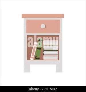 Cute white nightstand with books in Scandinavian style. Vector illustration of bedside table in flat cartoon style. Isolated on white background. Cozy Stock Vector