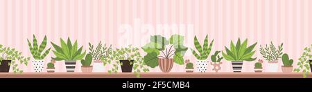 Houseplant in pot on the shelf in cartoon style. Vector seamless border with potted plant and cactus in flat design. Horizontal colorful endless backg Stock Vector