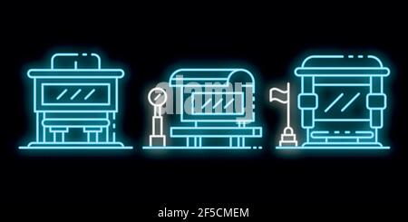 Bus stop icons set. Outline set of bus stop vector icons neon color on black Stock Vector