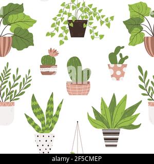 Colorful houseplant in pot seamless pattern. Vector endless background with cute plant and cactus in flowerpot. Hand drawn flower in pot backdrop. Stock Vector