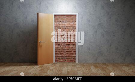 A brick wall blocking the doorway, hopeless concept Stock Photo