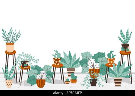 Cute potted houseplant in Scandinavian style. House interior decor elements with flowers and cactus in flowerpots. Horizontal vector banner with diffe Stock Vector