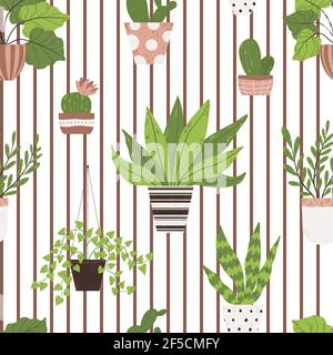 Colorful houseplant in pot seamless pattern. Vector endless background with cute plant and cactus in flowerpot. Hand drawn flower in pot backdrop. Stock Vector