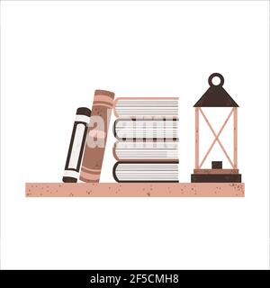 Cozy wooden bookshelf with books and lamp in Scandinavian style. Single wall shelf with various décor in hand drawn flat style. Living room or library Stock Vector