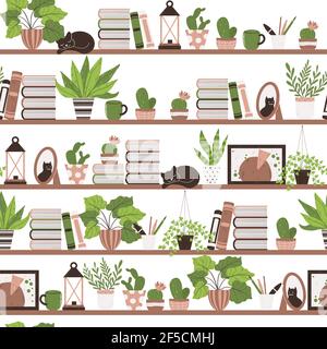 Colorful seamless pattern with houseplant in pot on a shelf. Vector endless background with cute plant and cactus in flowerpot. Hand drawn flower in p Stock Vector