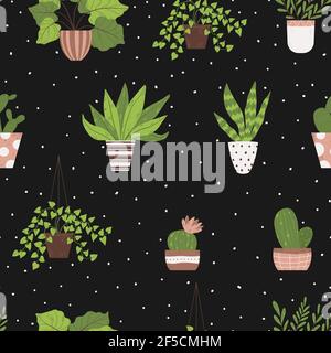 Colorful houseplant in pot seamless pattern. Vector endless background with cute plant and cactus in flowerpot. Hand drawn flower in pot backdrop. Stock Vector