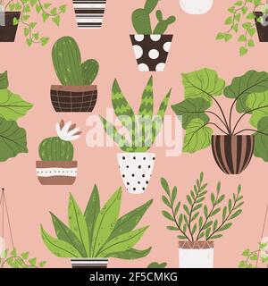 Colorful houseplant in pot seamless pattern. Vector endless background with cute plant and cactus in flowerpot. Hand drawn flower in pot backdrop. Stock Vector