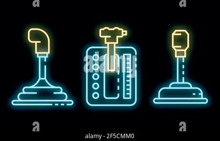 Gearbox icons set. Outline set of gearbox vector icons neon color on black Stock Vector