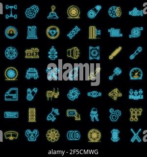 Car parts icons set. Outline set of car parts vector icons neon color on black Stock Vector