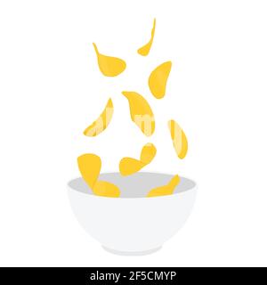 Falling tasty potato chips in a bowl isolated on white background. Fast food party food Stock Vector
