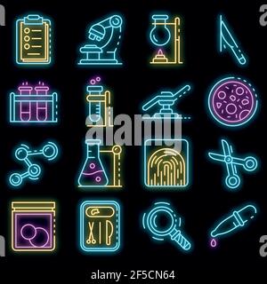 Forensic laboratory icons set. Outline set of forensic laboratory vector icons neon color on black Stock Vector