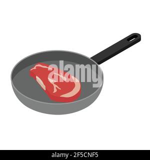 Raw beef steak on a frying pan isometric view isolated on white background Stock Vector