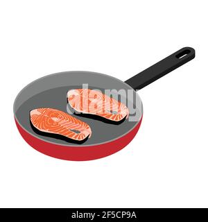 Two fresh fish salmon steaks in frying pan isometric view isolated on white background Stock Vector