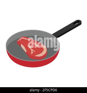 Raw beef steak on a frying pan isometric view isolated on white background Stock Vector